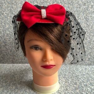 Red Bow Fascinator with Black Veil